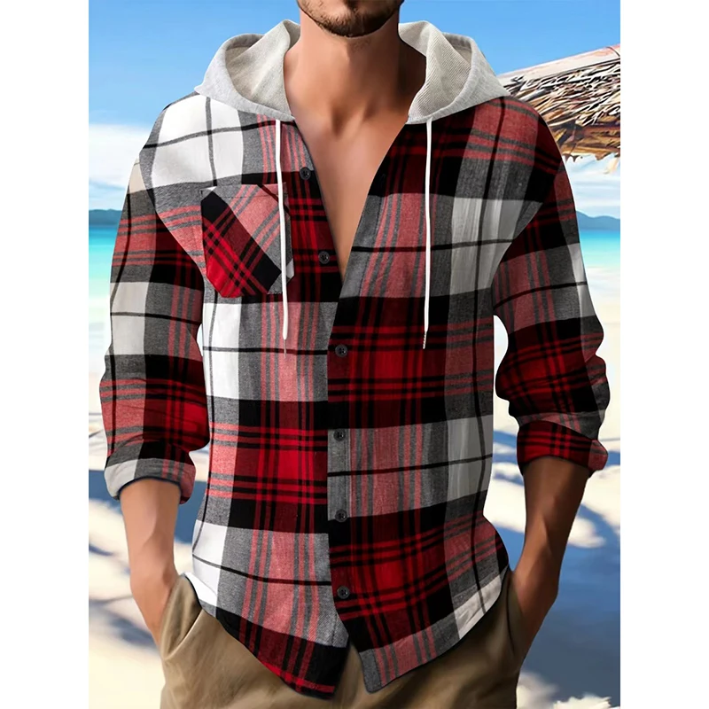 Men's Spring Autumn Flannel Plaid Shirts Hooded Street Long Sleeve Pocket High Quality Male Shirt Hoodies Cardigan Clothing Tops