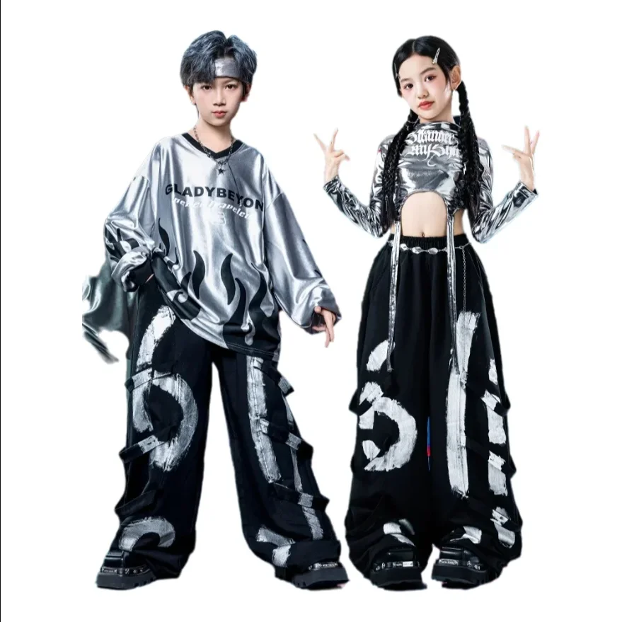 Dziecięca odzież Kpop Hip Hop Szara bluza z płomieniami Krótki top Graffiti Spodnie dresowe na szelkach dla dziewczynki i chłopca Stroje do tańca ulicznego
