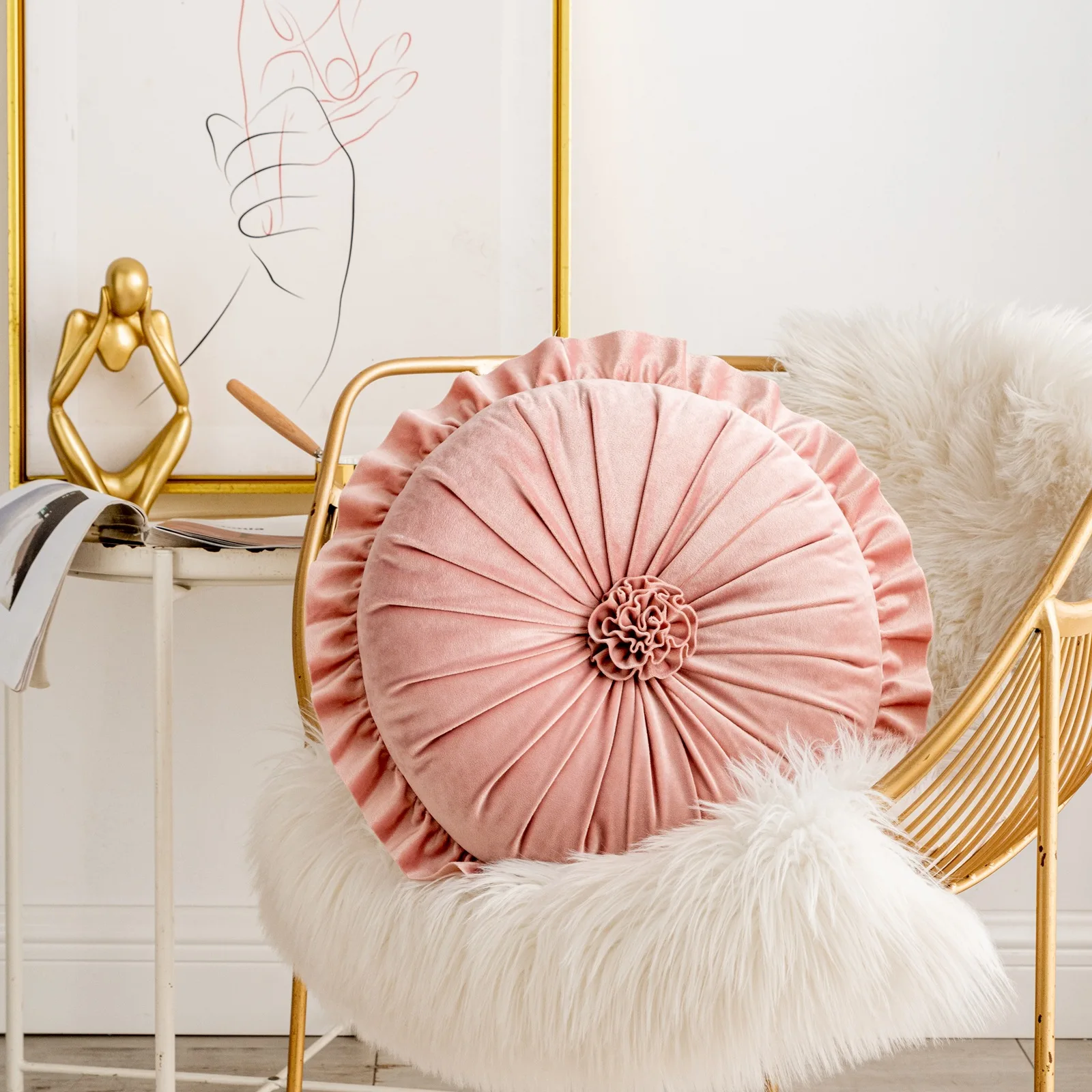 Nordic Dutch Velvet Ruffle Flower Round Throw Pillow for Couch Decorative Seat Back Cushion for Sofa Bed Floor Baywindow Coussin