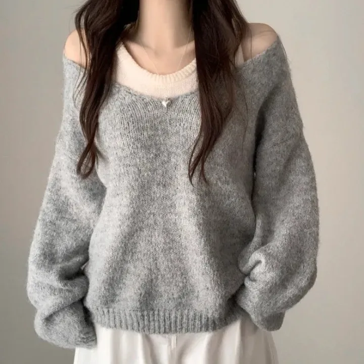 Chic Autumn Winter Shoulder Bared Knitted Sweater Women's Outerwear U Neck Base Layer Knitted Camisole Two Piece Set