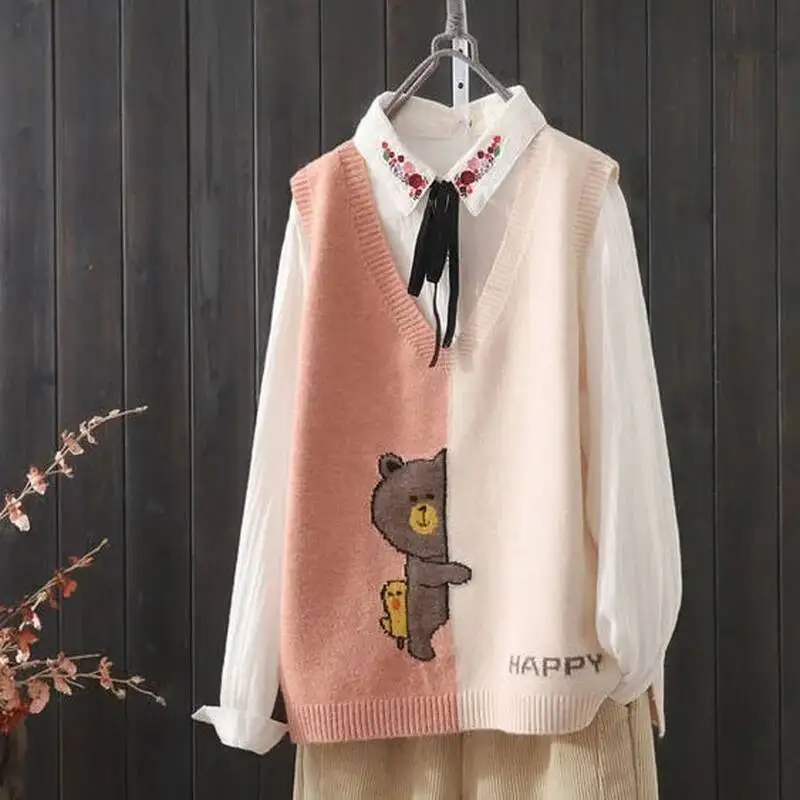 

Spring And Autumn New Simple Color Matching Vest Women Loose Wild V-Neck Cartoon Pattern Knitted Sweater
