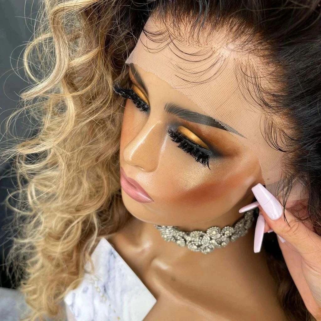 ZXBMALWIGS Synthetic Ombre Honey Blonde Loose Curly Lace Front Wig Black Women With Baby Hair Preplucked