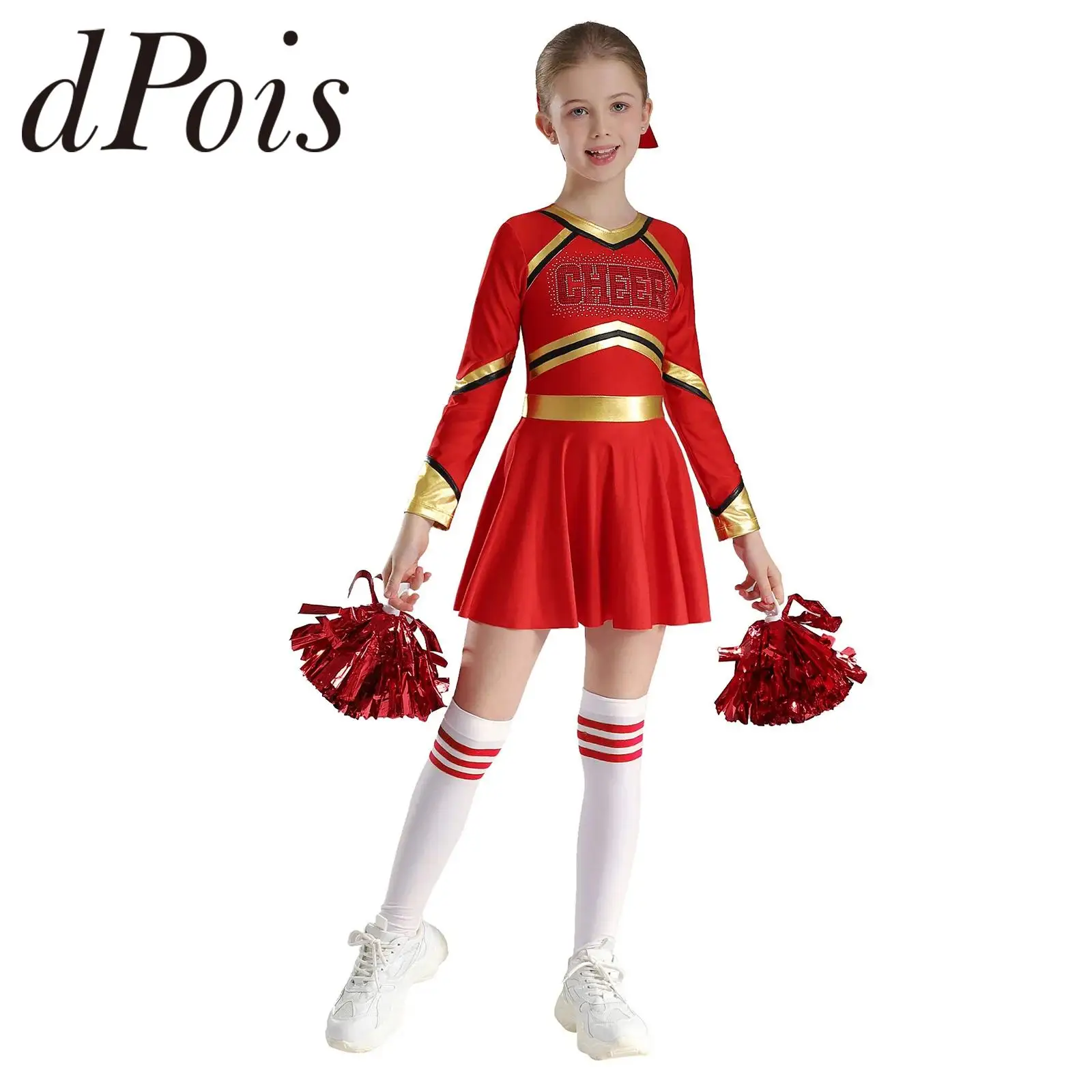 Teens Cheerleader Costume Cheerleading Uniforms Children Metallic Patchwork Dress Flowers Sets Kids Girls Cheer Dance Outfit