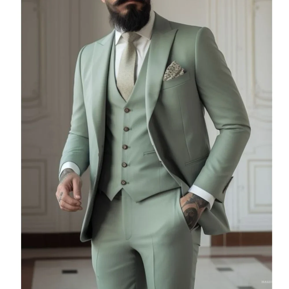 3 Piece Suits (Jacket+Vest+Pant) Sage Green Men\'s Slim Fit Wedding Groom Tuxedos Prom Formal Male Party Blazers