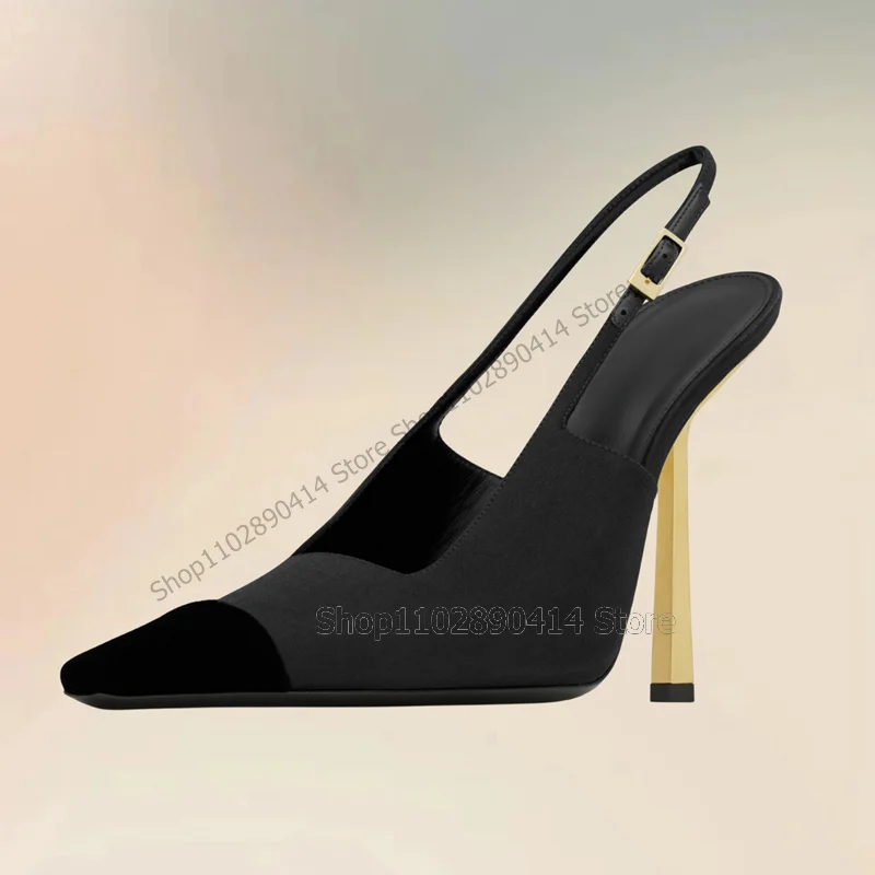 

Black Patchwork Pointed Toe Metal Heel Pumps Ankle Buckle Strap Women Shoes Thin High Heels New Fashion 2023 Zapatos Para Mujere