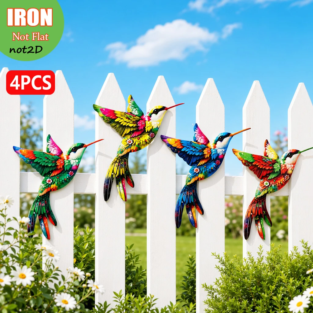 4PCS Rustic Metal Hummingbird Wall Accents Outdoor Hanging Ornaments for Patio Porch Fence Yard Balcony Shed Garden Decor