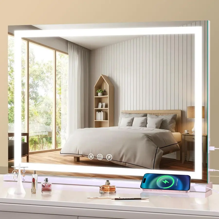 

Lighted Vanity Mirror, 23 x 19 Light Up Make up Mirror with Smart Touch 3 Colors Dimmable, Tabletop or WallMounted, Memory Func