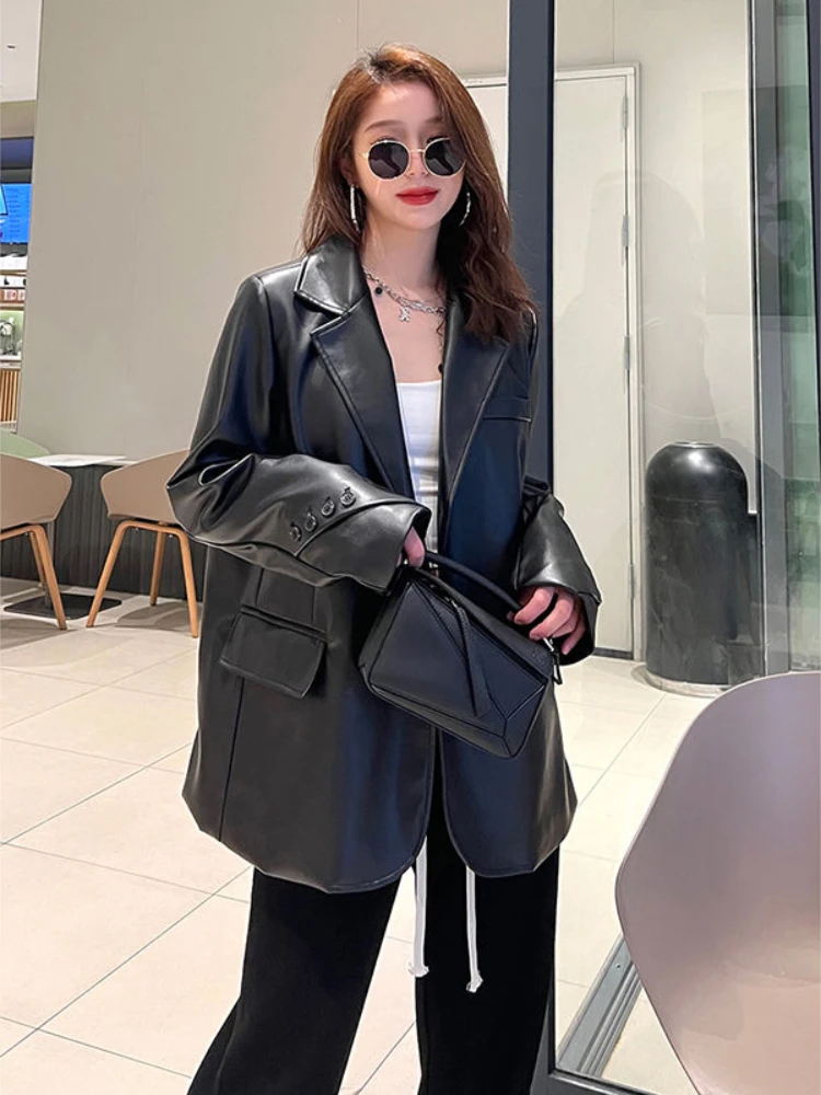 2024 Autumn/Winter New Black Suit Leather Jacket Women\'s Retro PU Luxury Thickened Loose Casual Suit