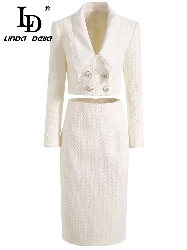 

LD LINDA DELLA New Style Italian Luxury Set Women White Lapel Lace Double-breasted Sequin Top+zipper Striped Skirts 2 Pieces Set