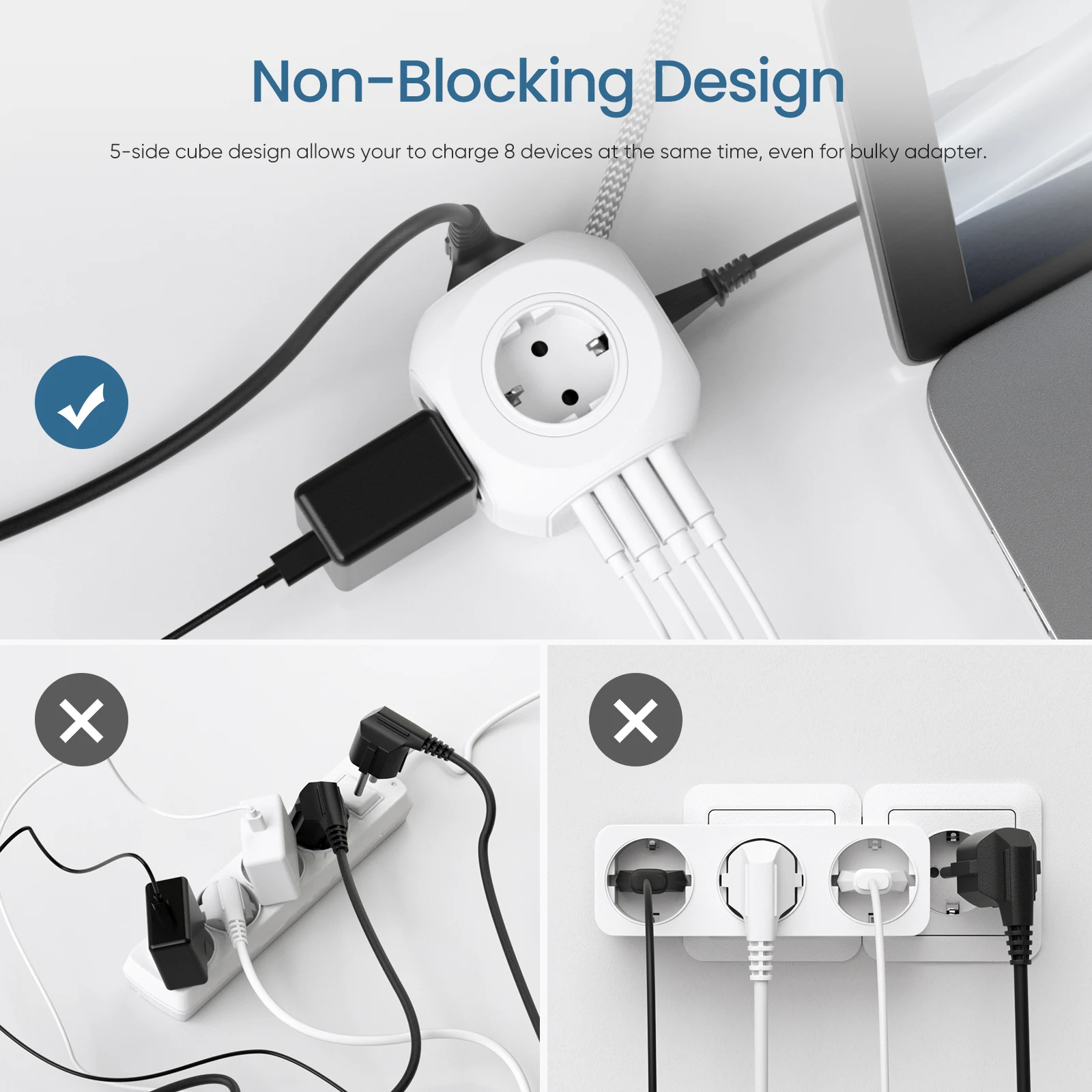 LENCENT Power Strip with 4 AC Outlets 3 USB Port 1 Type C 2M Braided Cable Multi Socket Extender with Switch for Home Office