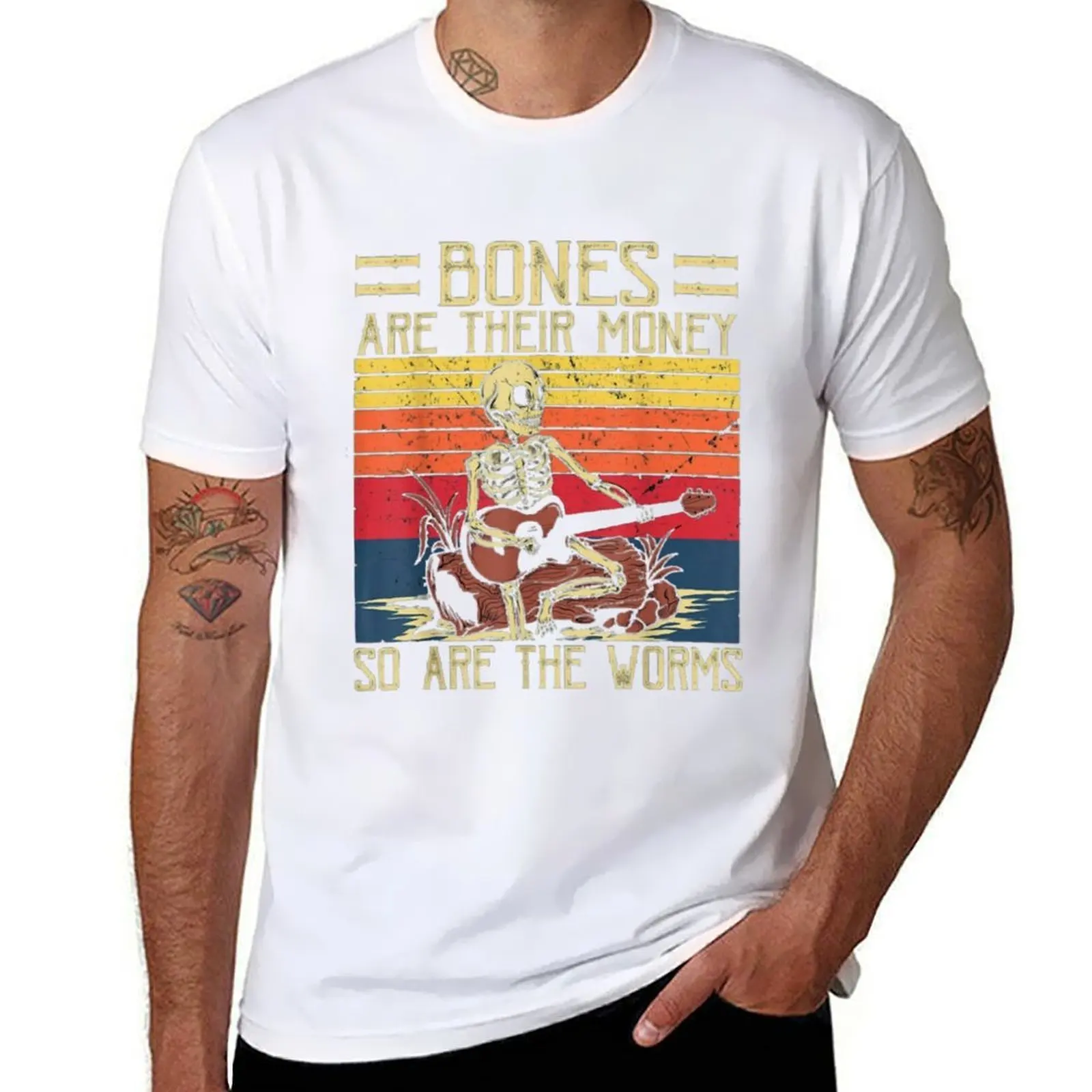 

Bones Are Their Money Skeleton Playing Guitar Retro Vintage T-Shirt man t shirts cotton t shirt personalised T-Shirt