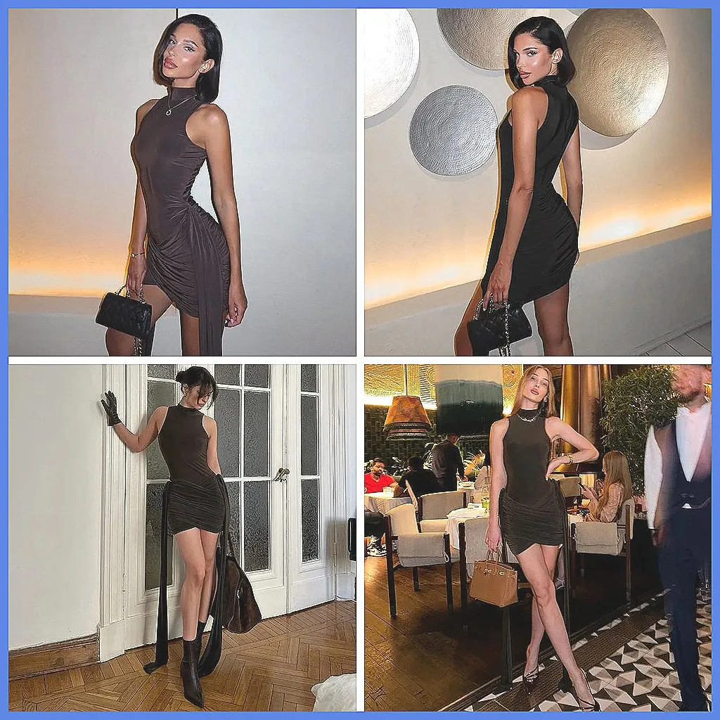 

Sexy Elegant Sleeveless Mini Dress for Women, Ruched Turtleneck Party Club Dress, Fashion Irregular Hem