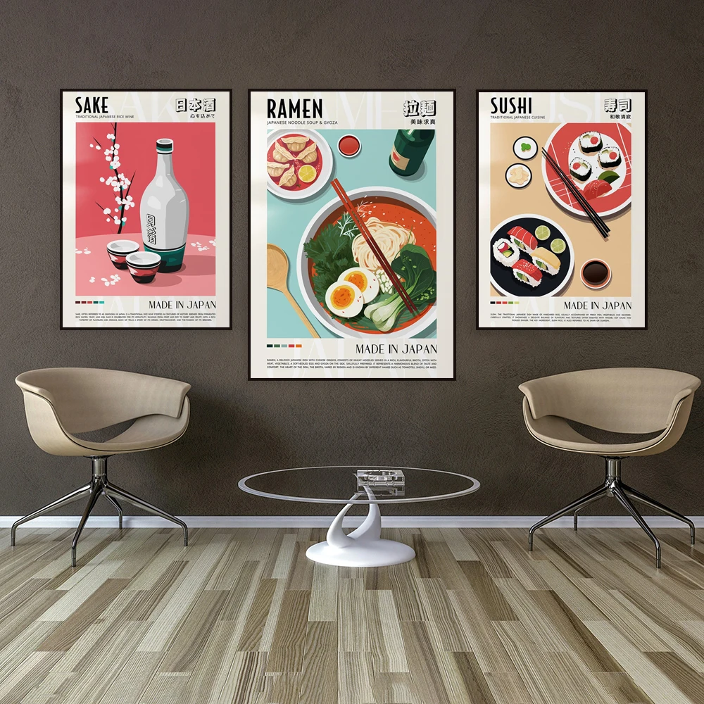 Japanese food, ramen, sushi, sake print, drink poster, modern kitchen decoration, ukiyo-e, foodie, exhibition retro wall art