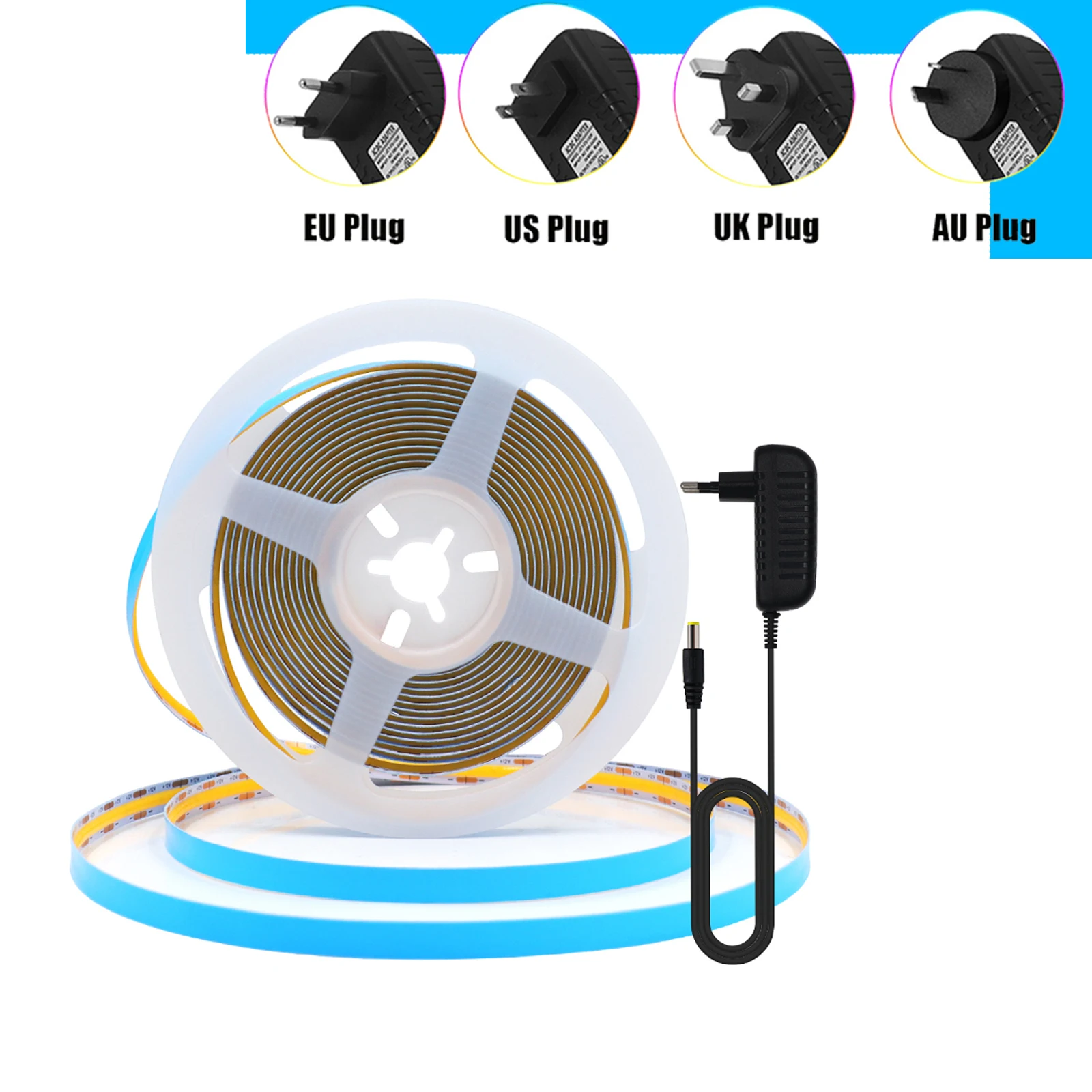 DC 12V 24V 528LEDs/M COB Streifen EU US Kit mit Netzteil Warm/Naturweiß IP20 Flexibles Bandseil LED-Licht 0,5M 5M 10M