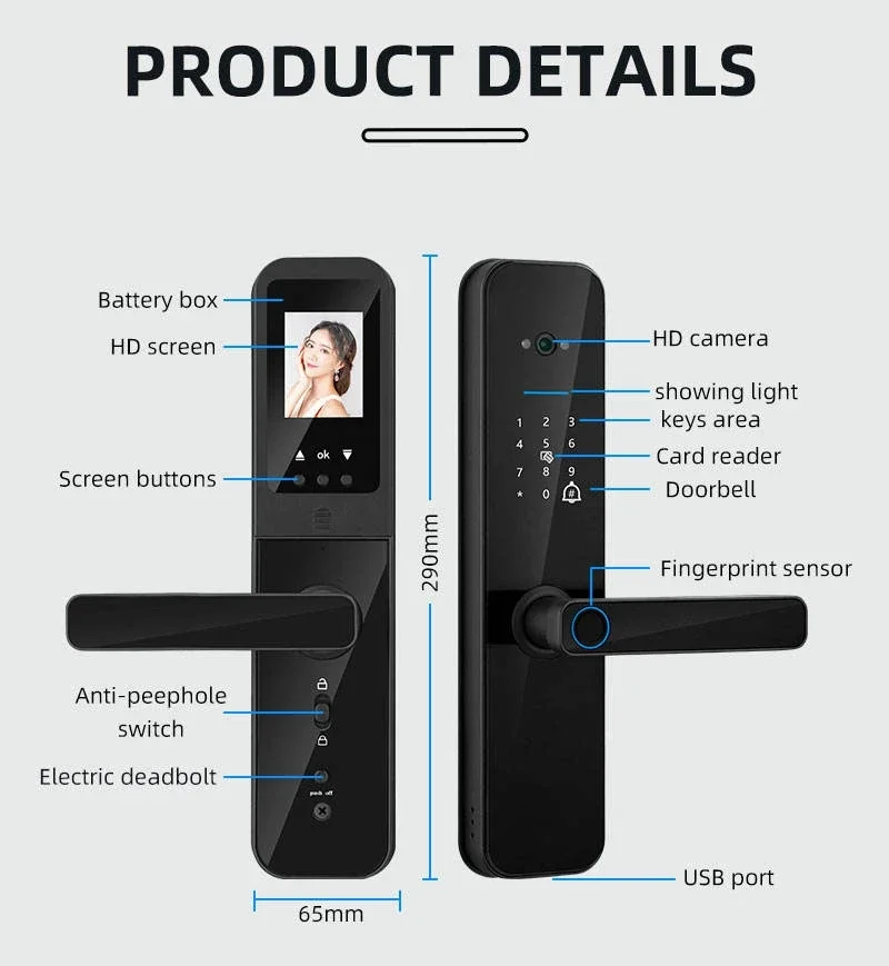 HD Screen Digital Door Lock Tuya Wifi Biometric Fingerprint Smart Locks Video Keys Combination Electronic Door Lock