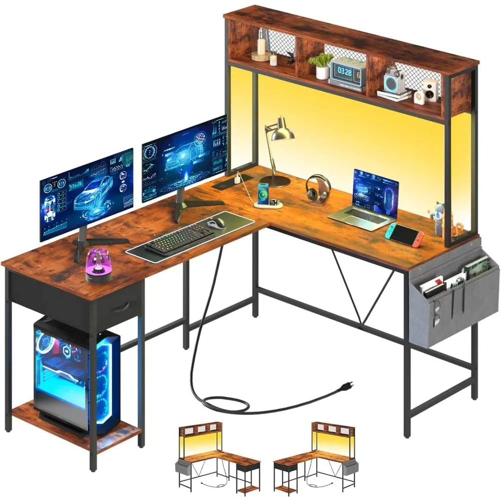 L Shaped Desk with LED Strip & Power Outlet, Reversible L-Shaped Computer Desk, Corner Desks Home Office Desk with Drawer