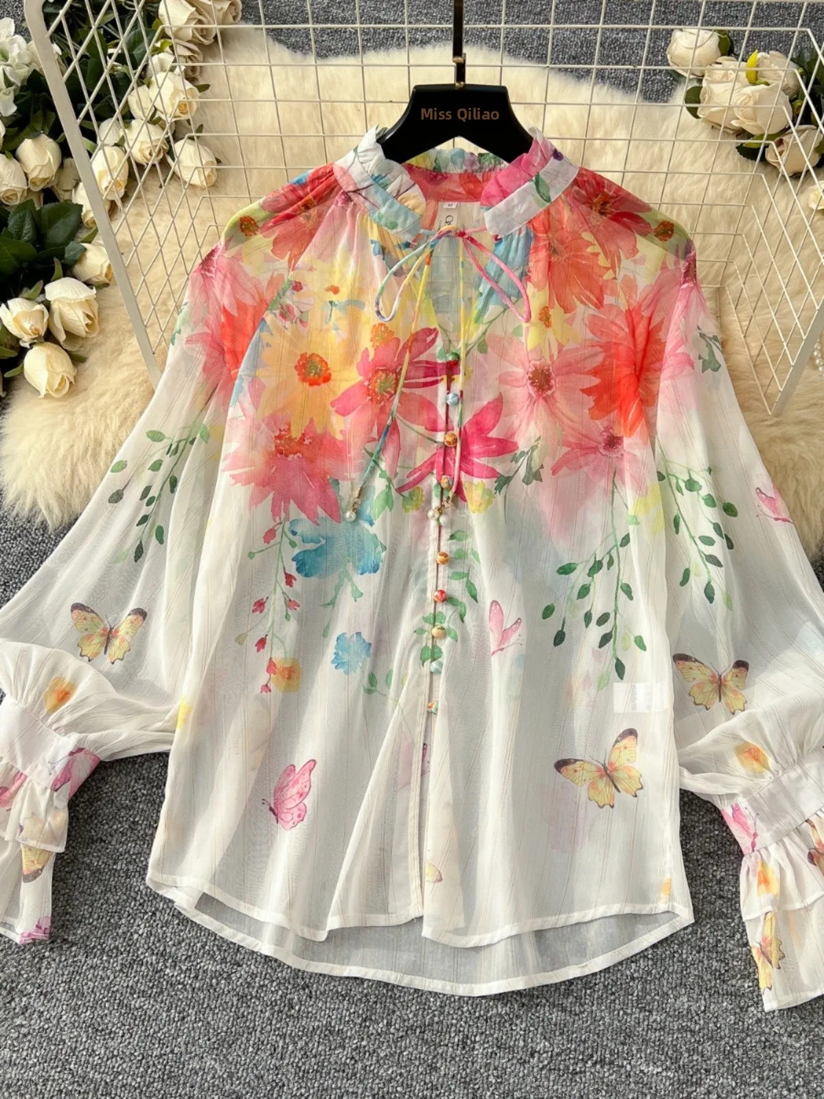 Ele Set top e gonna in chiffon con stampa lanterna a vita alta, completo da donna con orlo semicircolare Faion