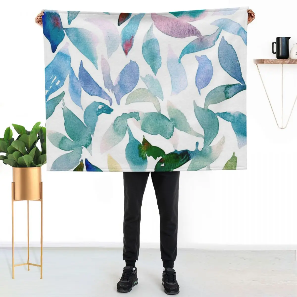 Loose Watercolor Leaves - Blue Throw Blanket Hair Sofas Thermals For Travel Flannel Fabric Sleeping Bag Polar Blankets