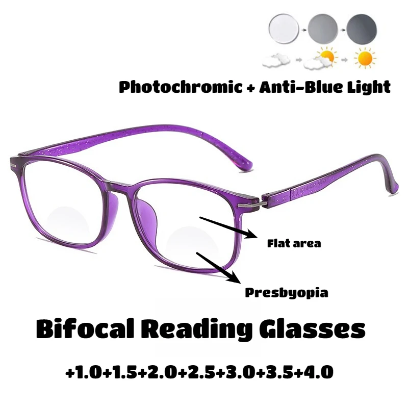

Unisex Fashionable Square-Frame Photochromic Bifocal Reading Glasses New Blue Light Blocking High-Definition Reading Glasses