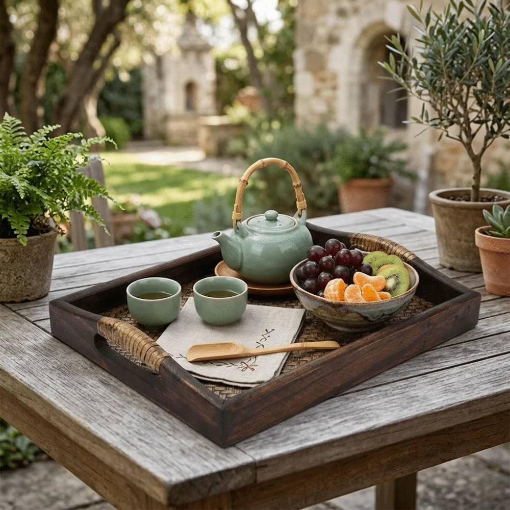 Multi functional Wooden Weave Tray Woven Craft Breathable Hollow Tea Tray Retro Edge Reinforced Storage Basket Fruit Display