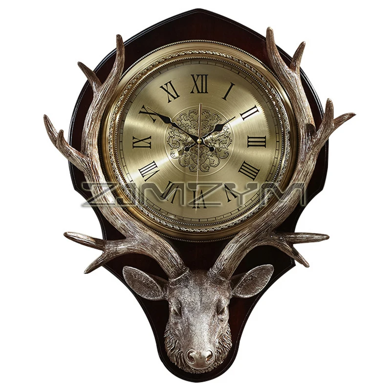 

Resin Deer Head Wall Clocks Vintage Decoration for Living Room Round Silent Wall Clock Metal Brushed Clock, Roman Numerals