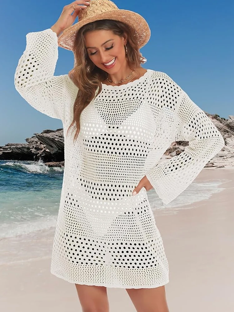 Women's White Openwork Crochet Cover Up Bell Sleeve Loose Fit Beach Tunic Spring Summer Outerwear