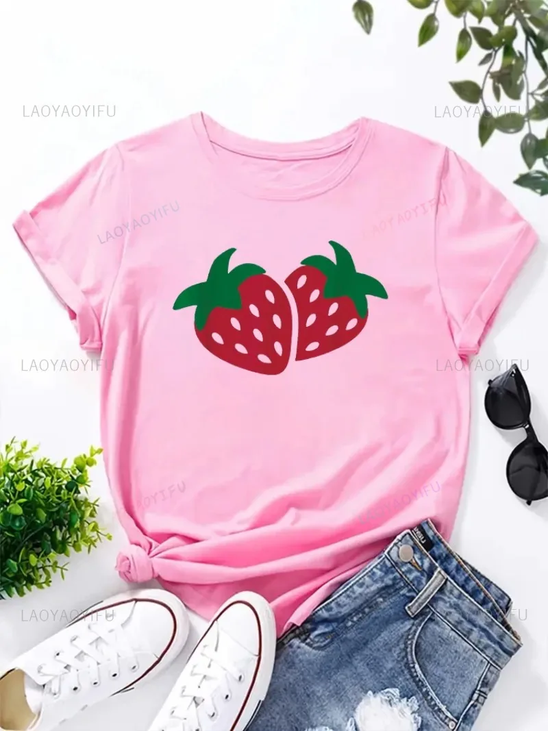 New Pair of Strawberry Heart Shaped Pattern Love Printed Women's Cute Cartoon Girl Round Neck Casual Comfortable cotton T-shirts