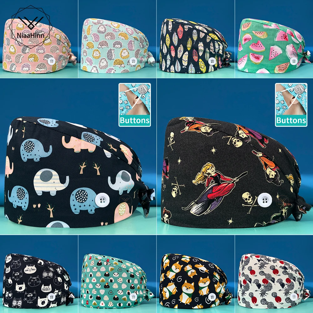 

Cartoon Cute Printing Teacher Cleaning Service Dirt Resistant Pure Cotton Soft Scrub Caps Wholesale Medical Uniform Accessories