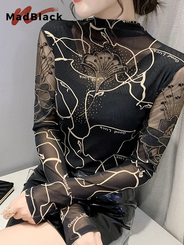 MadBlack Spring Mesh Turtleneck T-shirt Women Lace Shinny Diamonds Long Sleeves Slim Tops Sexy Tees Fall T31516X