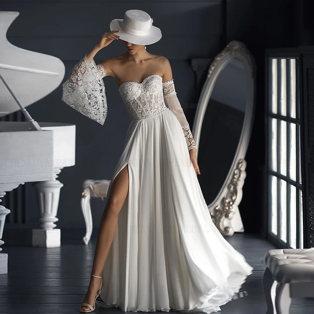 보헤미아 시폰 웨딩드레스 스위트하트 A라인 롱 웨딩 신부 드레스 사이드 슬릿 섹시 드레스 여성용 2025 웨딩드레스