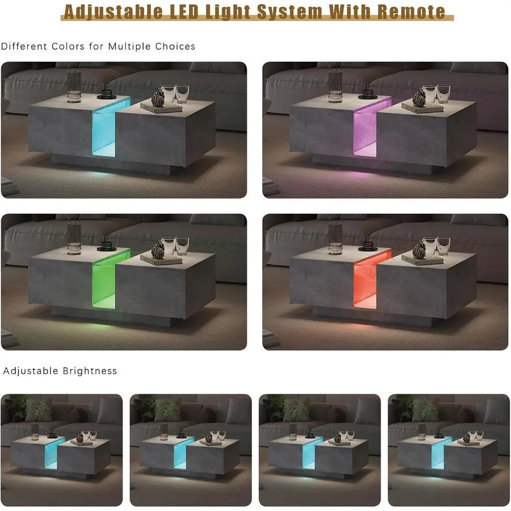 Rectangular Grey Storage Coffee Table with Acrylic Drawers for Living & Dining Rooms