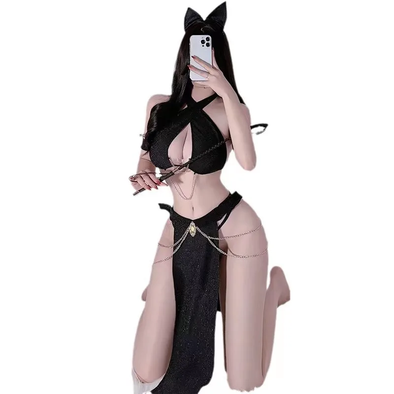 Porn Women Sexy Lingerie Cat Cosplay Exotic Costumes Black Shiny Halter Hollow Top with Dress Nightgowns Role Play Erotic Dress