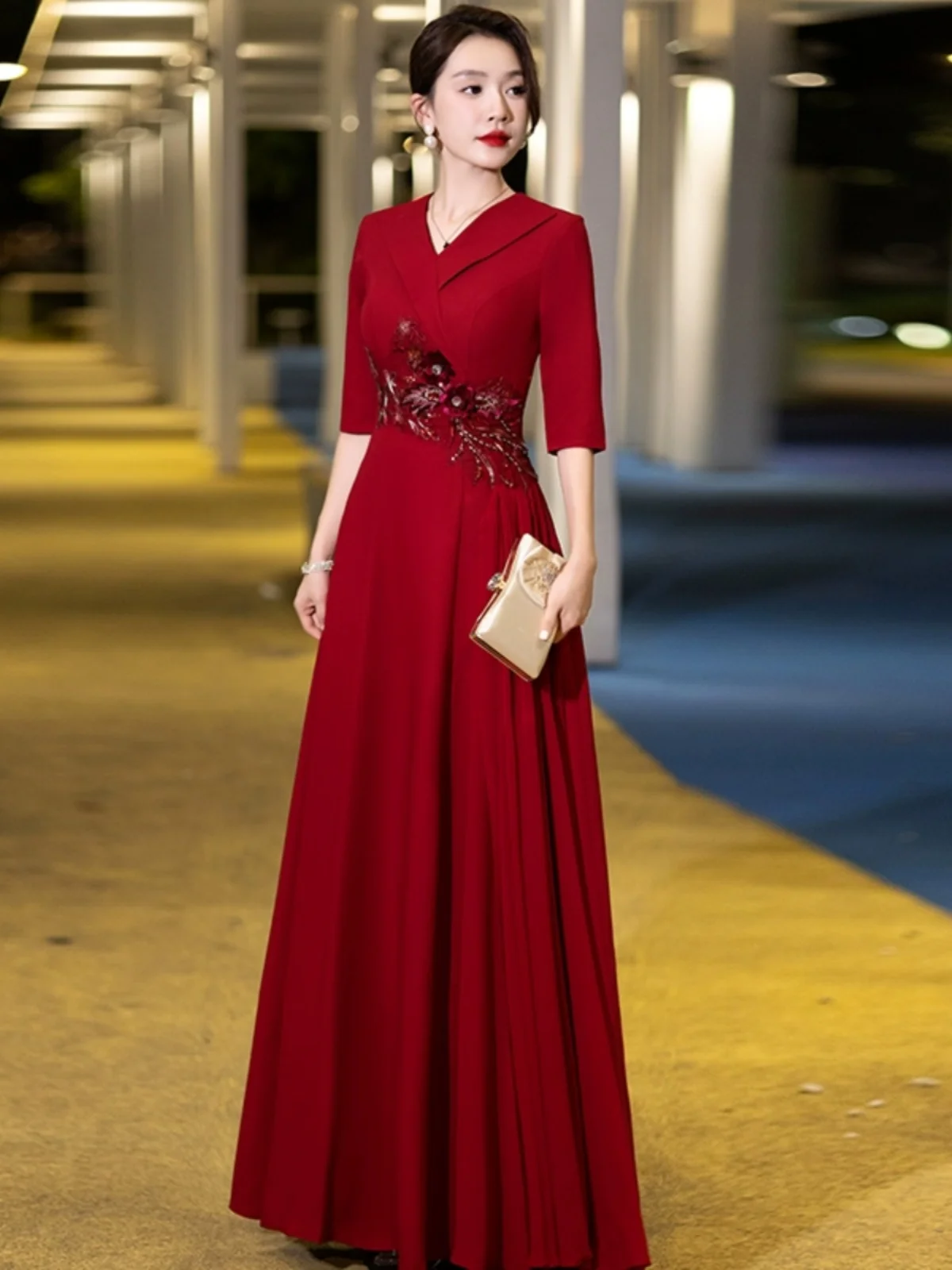 

Ele Red Wedding Dr for Mommy Wedding Ceremony Host High-Quali Evening Gown Floor-Length Dra Polyester Fabric