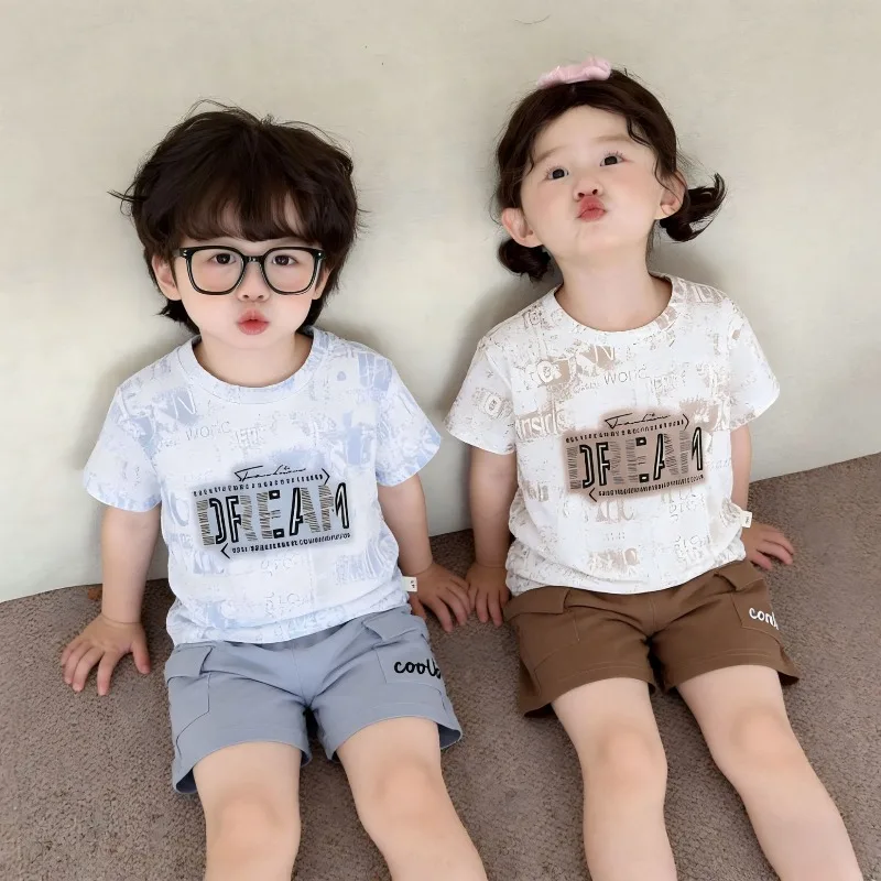 RAISE Sommer Kinder Mädchen 2-teiliges Kleidungsset Dünner Buchstabendruck Farbverlauf Kurzarm-Anzüge Lässige Junior Mädchen Shorts Outfits