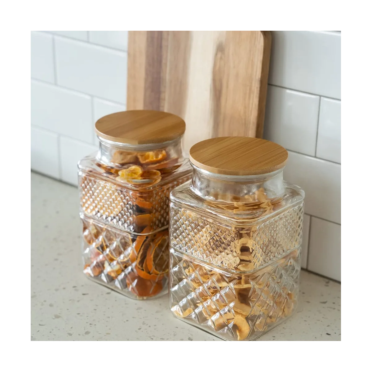 2PCS Square Glass Jars with Bamboo Lid Coffee Pasta Sugar Tea Snack Nuts Cookie Jar with Airtight Lids