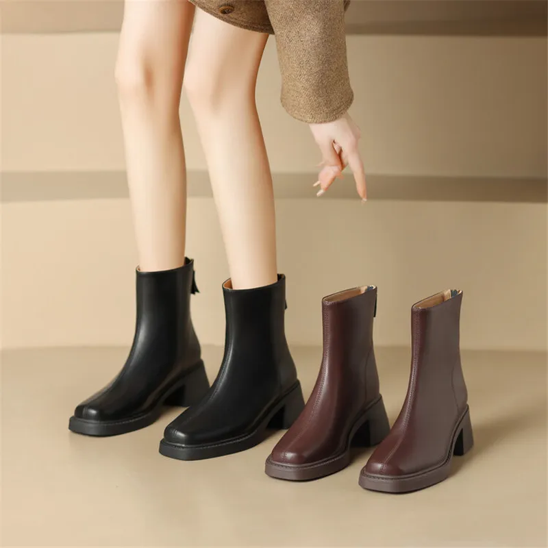 New Autumn Winter Split Leather Women Shoes Fashion Round Toe Short Boots for Women Chunky Heels Boots Zapatos Mujer High Heels