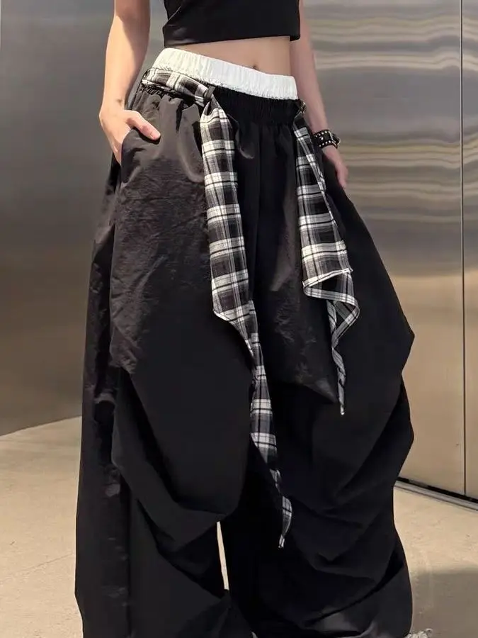 American Retro Street Dance Wide Leg Pants Detachable Floor Length Loose Drapey Casual Trousers Plaid Splicing High Waist Ela... - Image 3