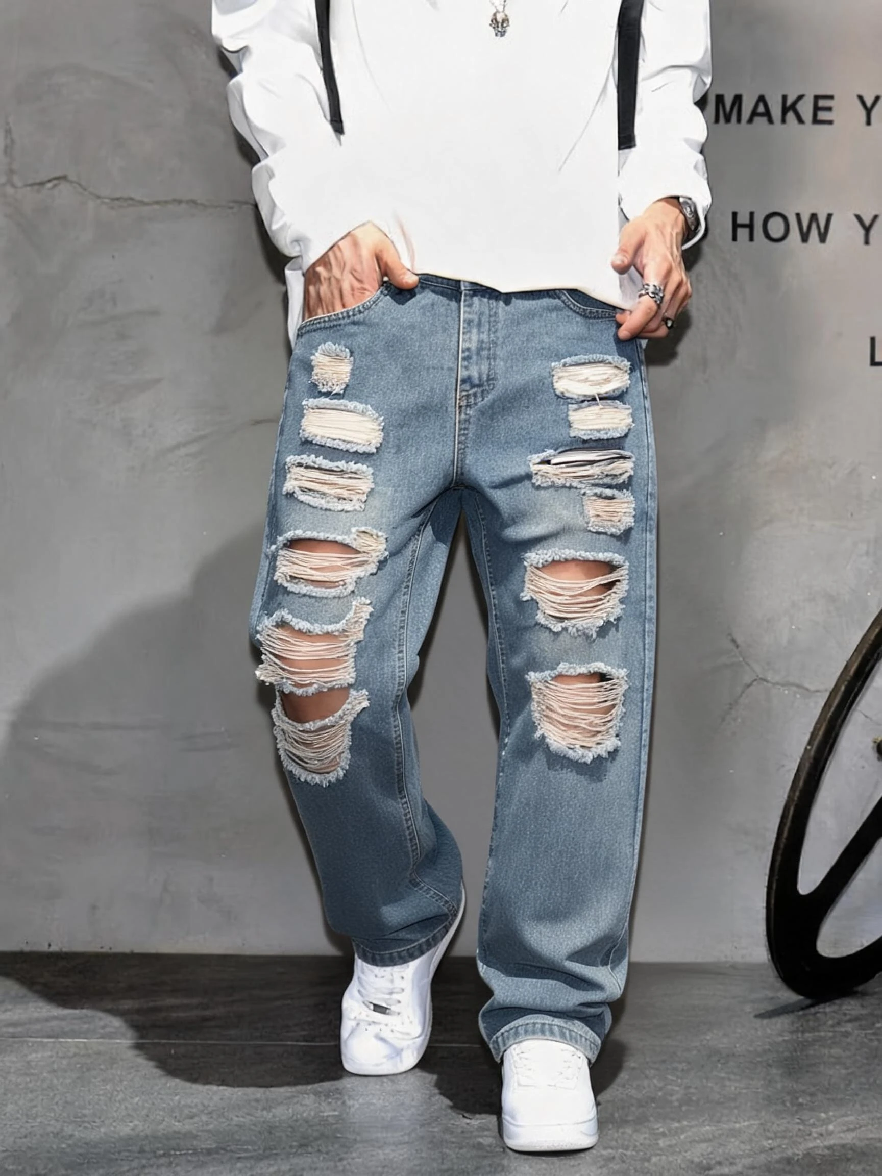 

Men’s Ripped Denim Long Pants, Loose Straight Fit, All-Season Versatile Wear, Hip Hop Y2K High Street Vintage Trendy Style