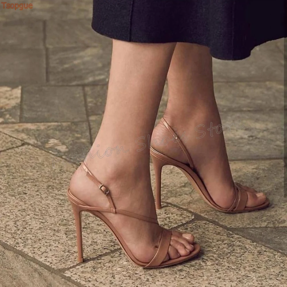 

Brown Open Toe Ankle Buckle Sandals Matte Leather Thin High Heels High Heel Shoes for Women Heels 2025 New Zapatos Para Mujere