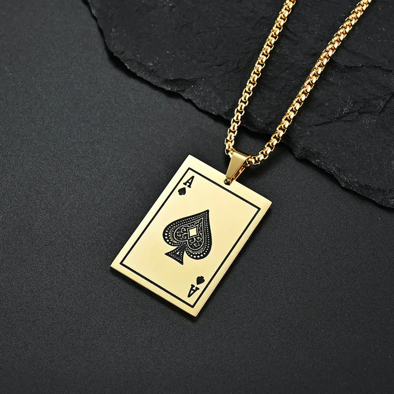 Men's Stainless Steel Poker Card Pendant Necklace with Spades a Peaches K Good Luck Design