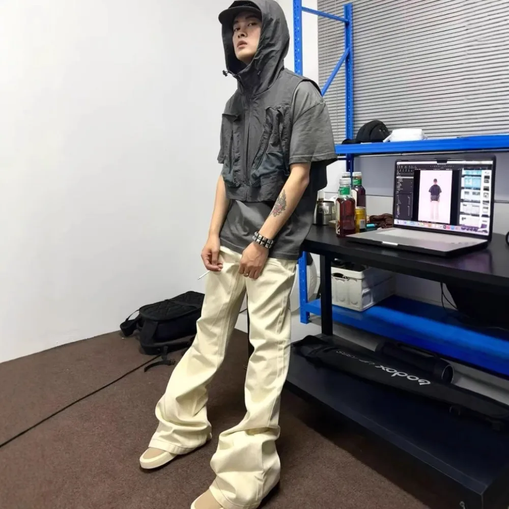 Calça jeans escura estilo ro de rua alta masculina, alta elasticidade, esfregão de chão, bege, chifre escovado, calças justas e largas