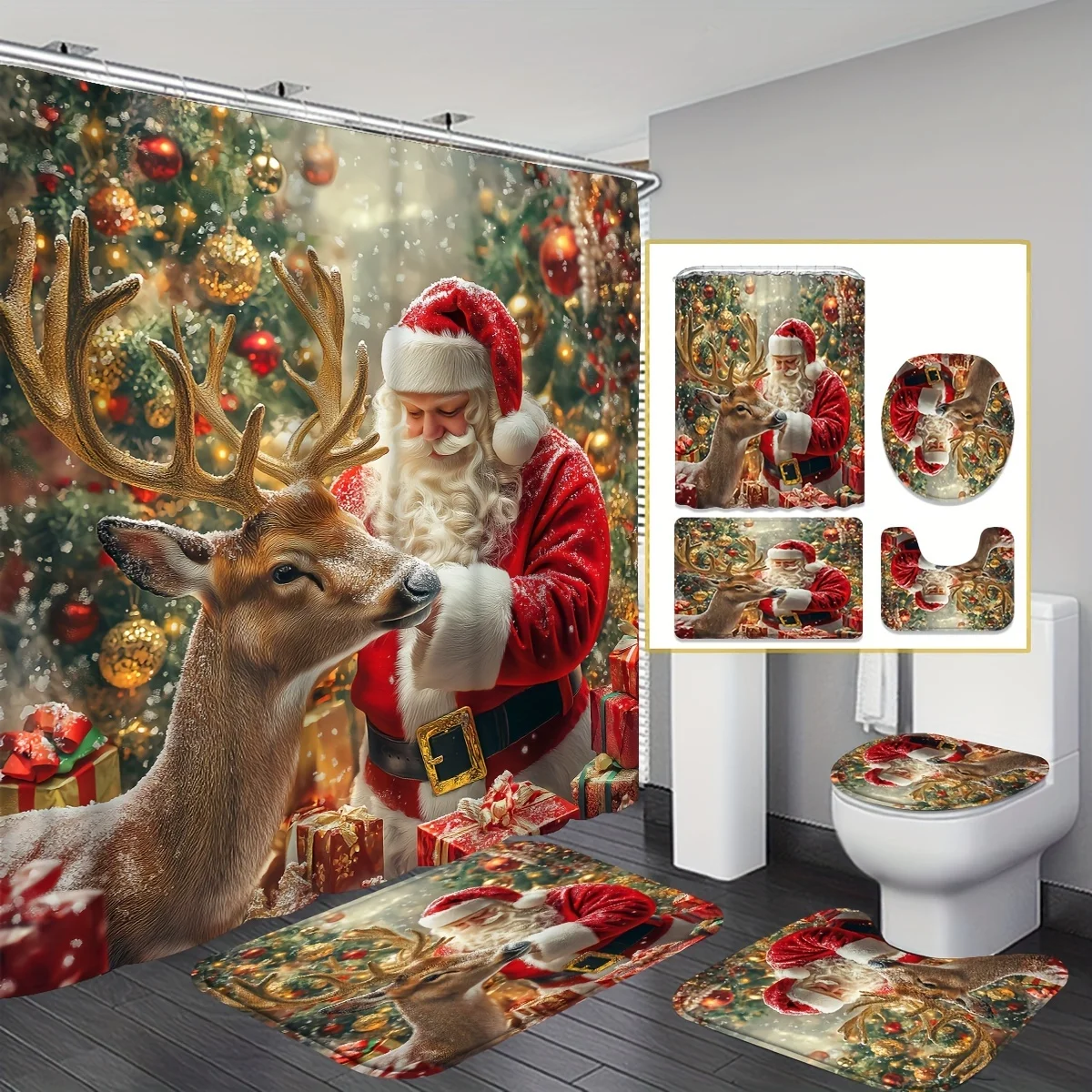 

4pcs Santa and Reindeer Shower Curtain Set, Perfect Christmas Gift, Bathroom Decor, Ideal for Winter Christmas Decoration