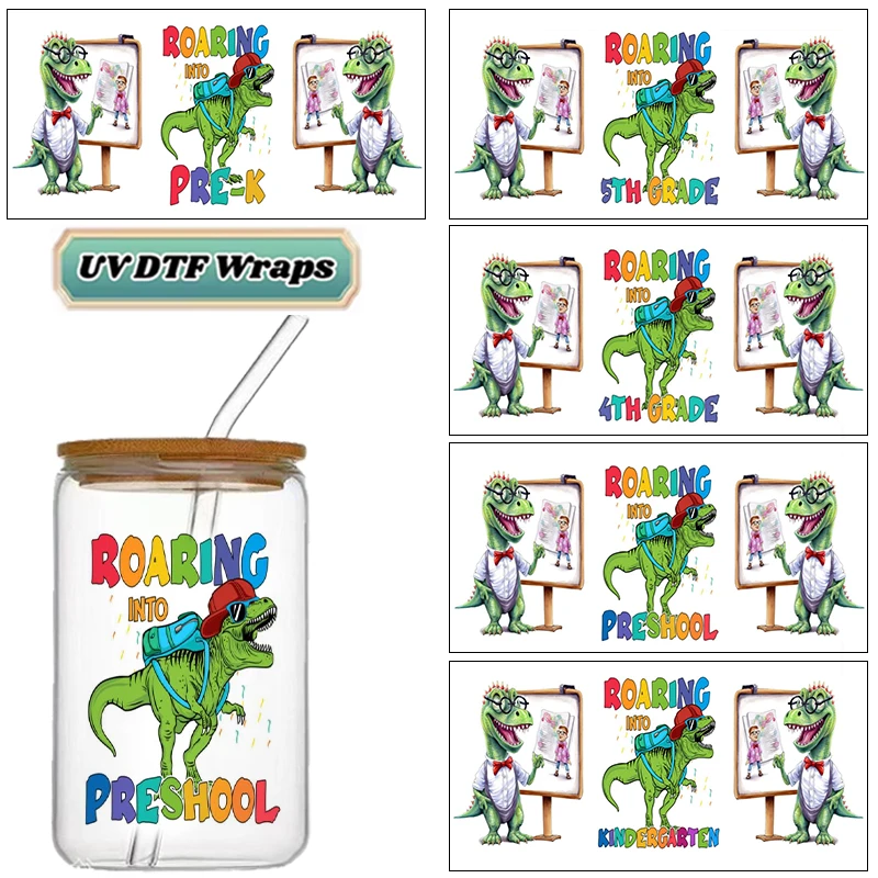 Back to School Dinosaur UV DTF Wraps, Roaring Into Grade Stickers for 16oz Glass Cans, Waterproof DIY Transfer Decals