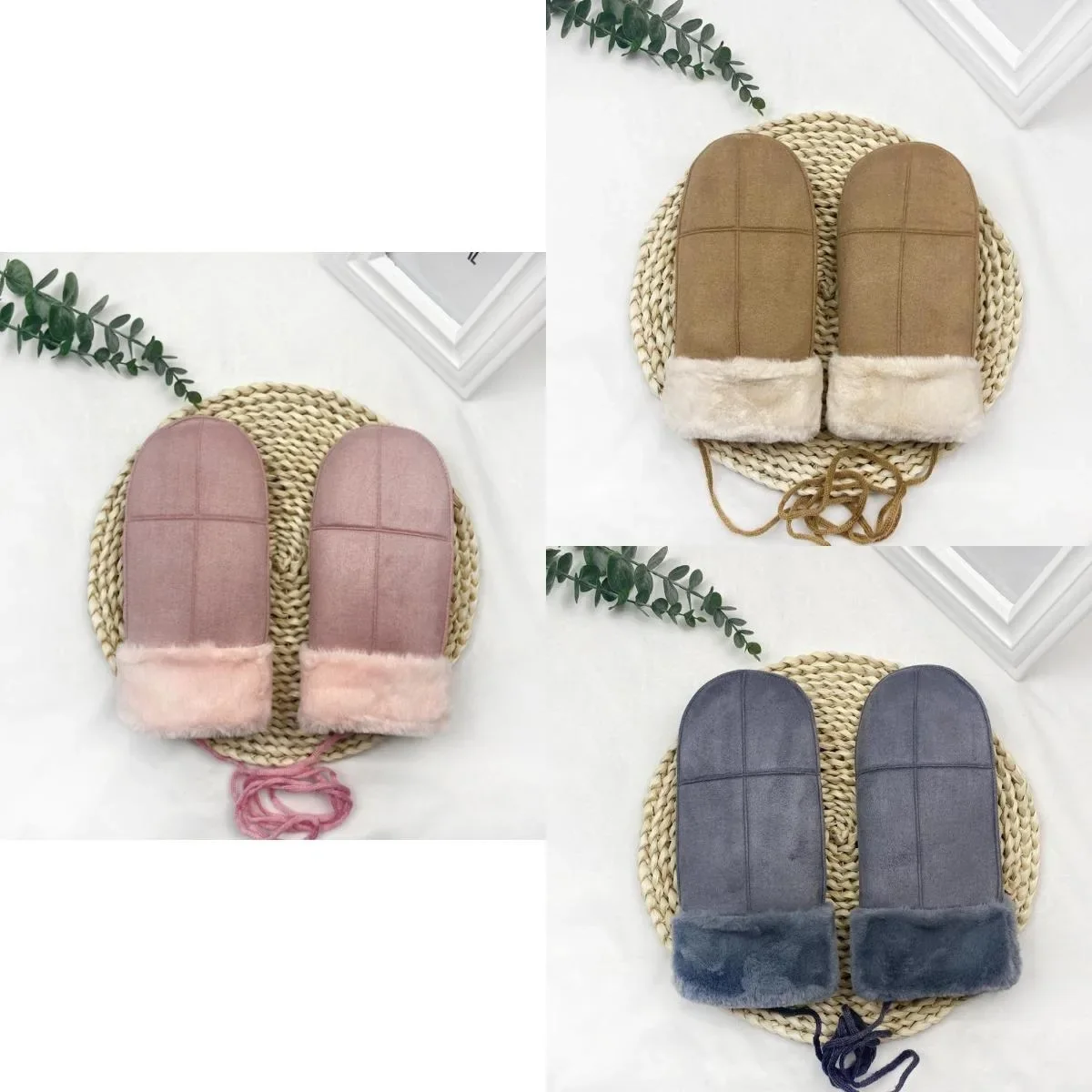 1 Pair Winter Velvet Thickened Warm Cold-proof Imitation Suede Cute Student Bag Finger Mittens  Haltered Neck Outdoor Cycling