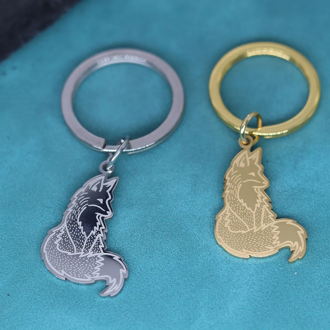 Viking Fox brelok do kluczy z ozdobą dla mężczyzn kobiety złoty kolor stal stalowy klucz łańcuchy brelok Dainty biżuteria dla zwierząt urodziny prezent