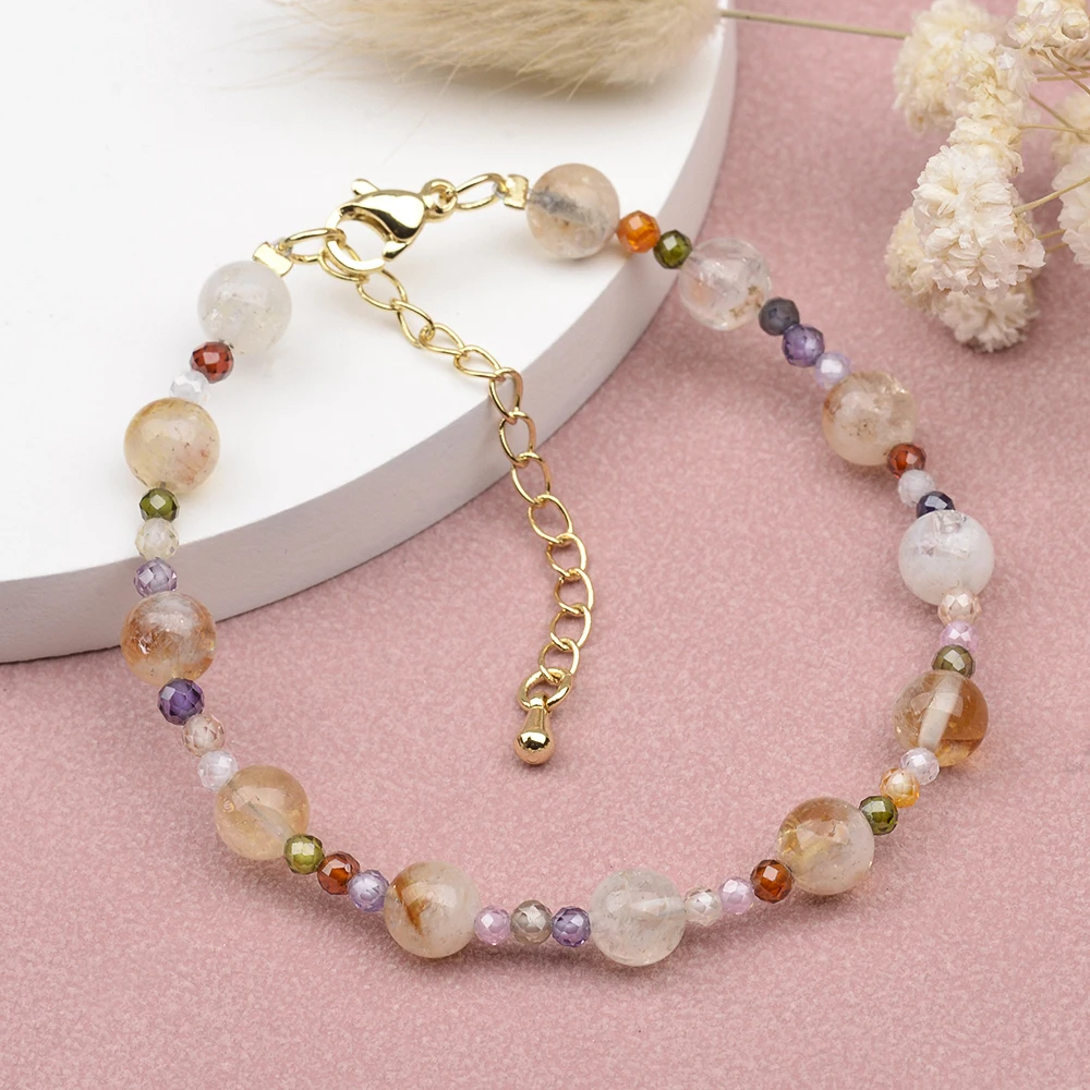 6-7mm Natural Stone Sponge Citrine Moonstone Aquamarine Freshwater Pearl and Mixed Color Zircon Beads Bracelets For Women Gift