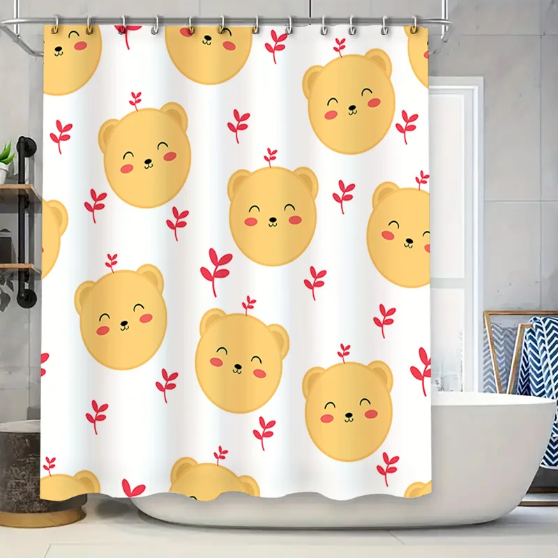

Занавеска для душа с кавайными медведями, очаровательный декор для ванны с мультяшными животными желто-красного цветочного узора для детской ванной комнаты