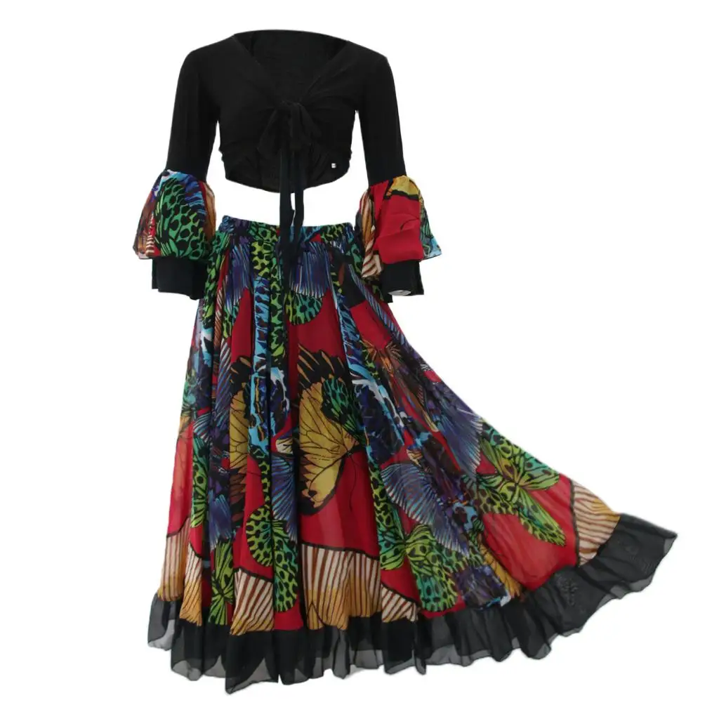 Gypsy Skirt 25 Yards Butterfly Print Belly Dance Maxi Skirt for Stage Show and Party Outfit