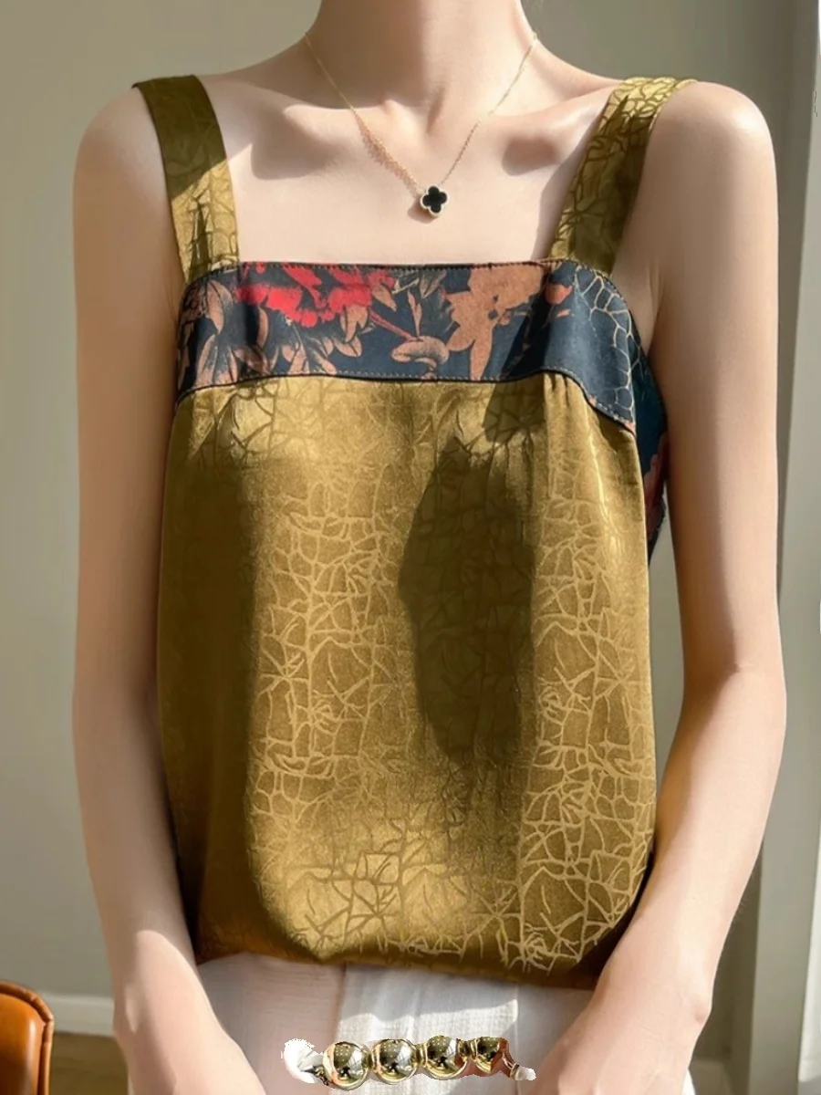 เสื้อกล้ามผ้าไหมจีน สายเดี่ยว คอเหลี่ยม สำหรับผู้หญิง เสื้อซับใน เสื้อยืดผ้าไหมเนื้อนุ่ม แฟชั่นฤดูร้อน