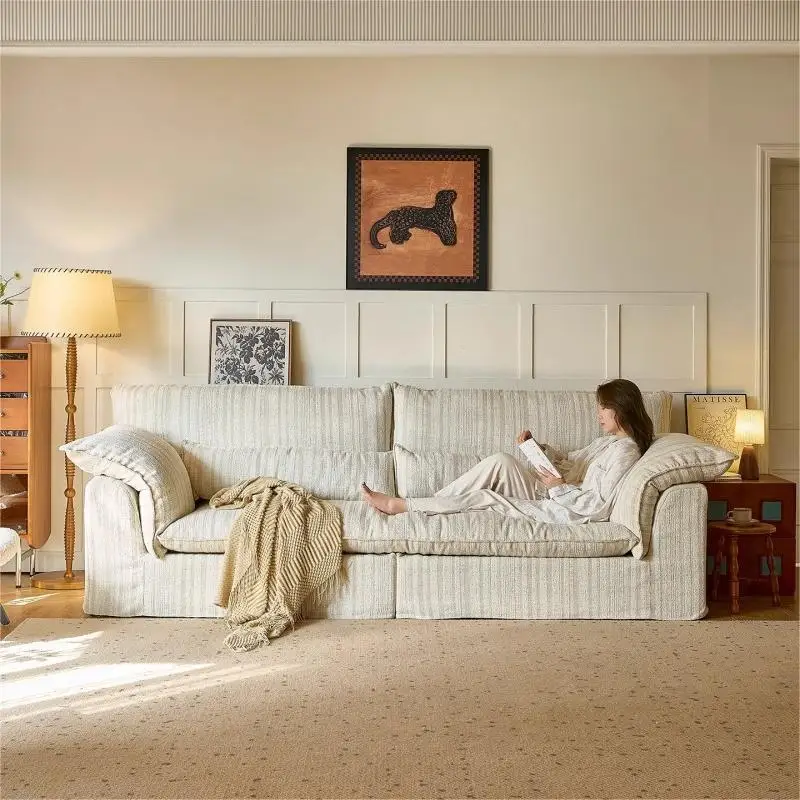 French Retro Soufflé Fabric Sofa, Removable Washable, Mid-Century Luxury Feel Sofa Set for Small Living Room